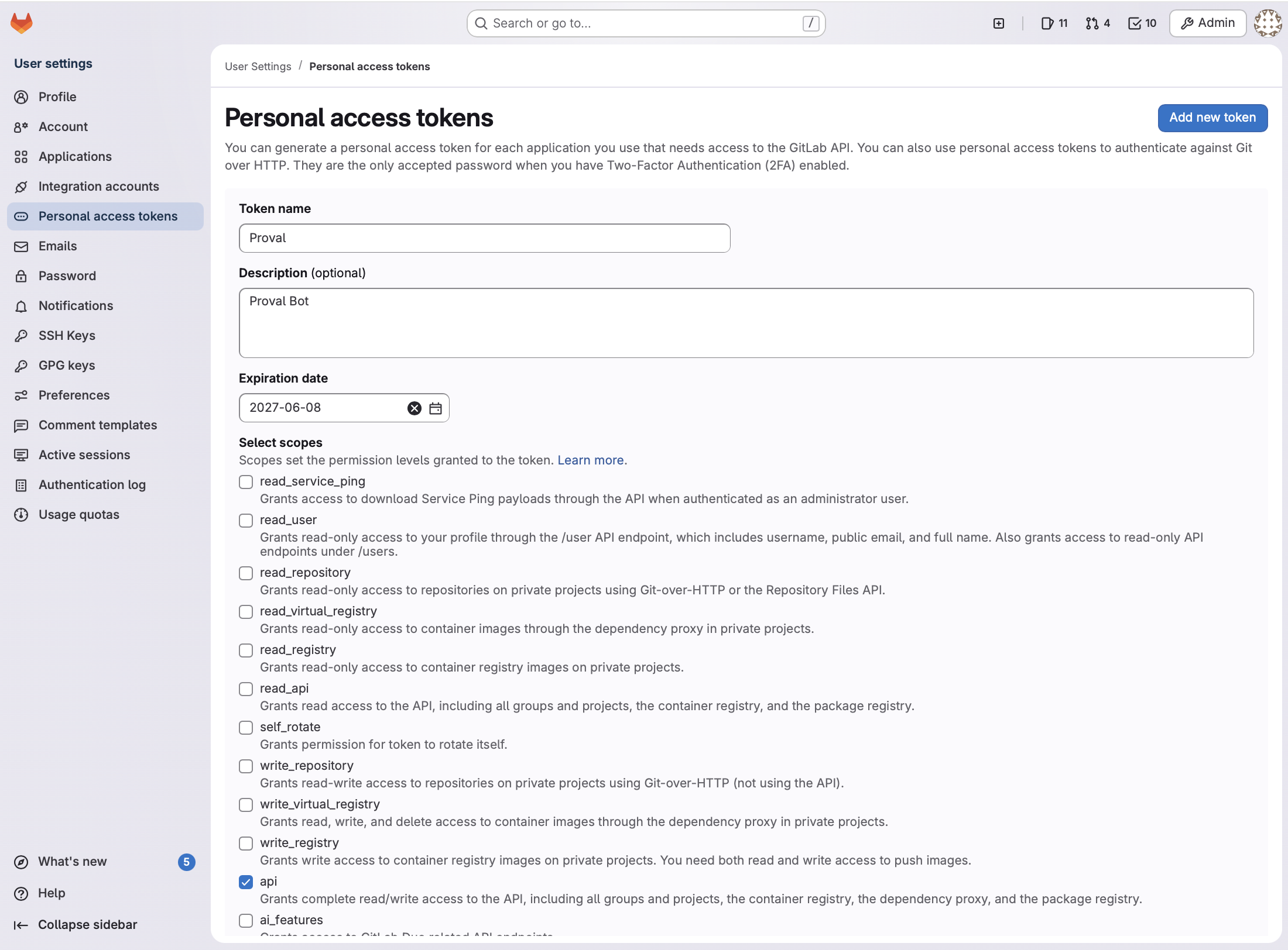 GitLab personal access token with api scope