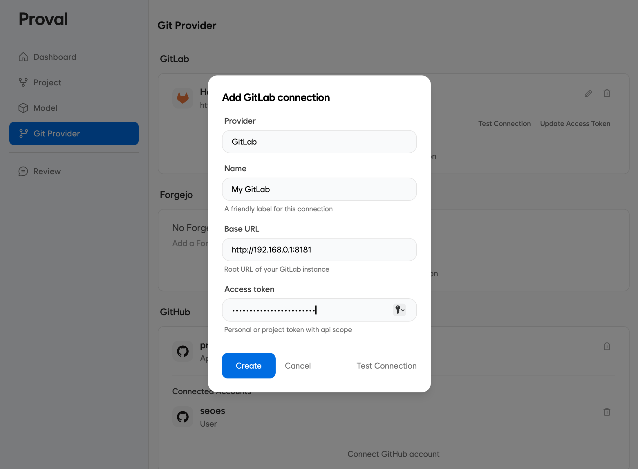 Proval GitLab connection form