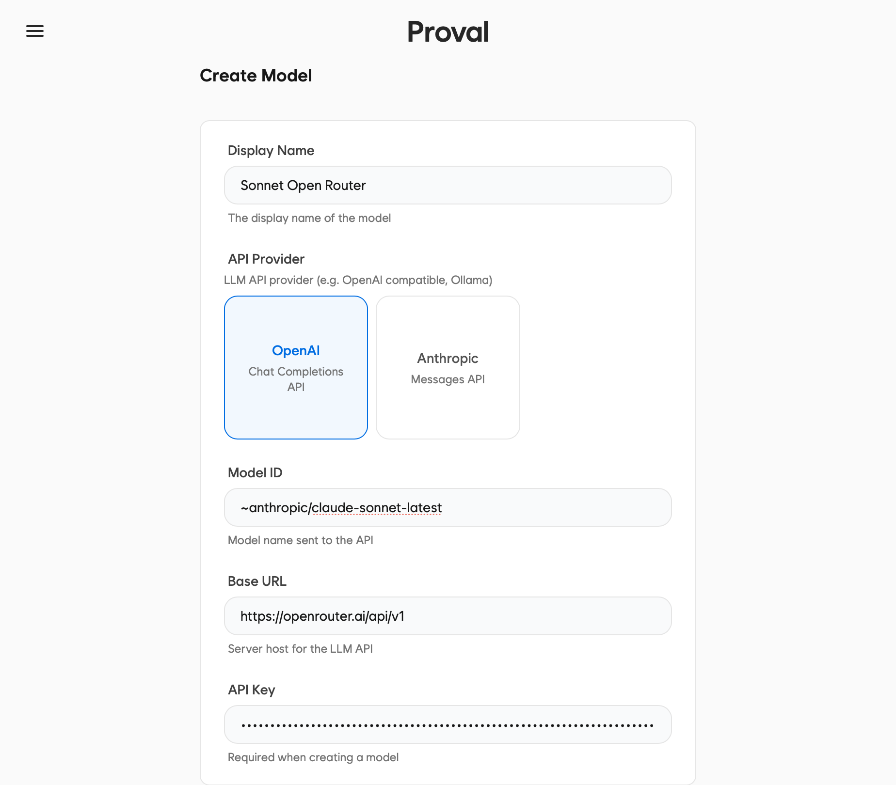 Proval Create Model Provider form with all fields filled in